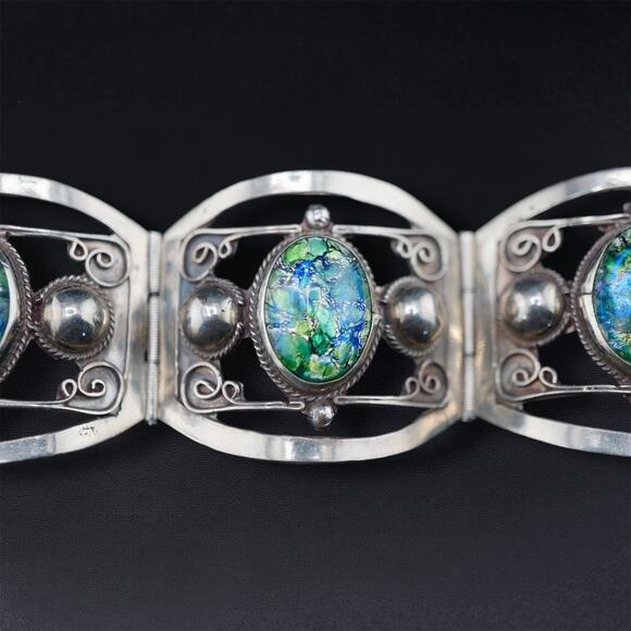 Vintage Taxco Mexico 925 Sterling Silver Link Bracelet Dragon’s Breath Cabochons - Picture 16 of 17